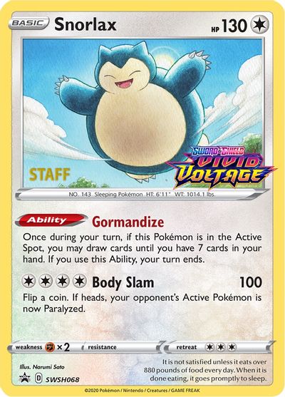 Snorlax (SWSH068) (Staff Prerelease Promo) [Sword & Shield: Black Star Promos] | Exor Games Bridgewater