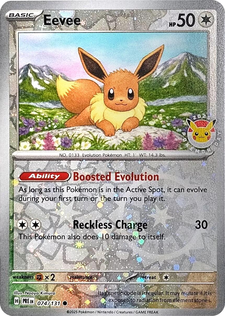 Eevee (074/131) (Pokemon Day 2025) (Reverse Cosmos Holo) [Scarlet & Violet: Prismatic Evolutions] | Exor Games Bridgewater