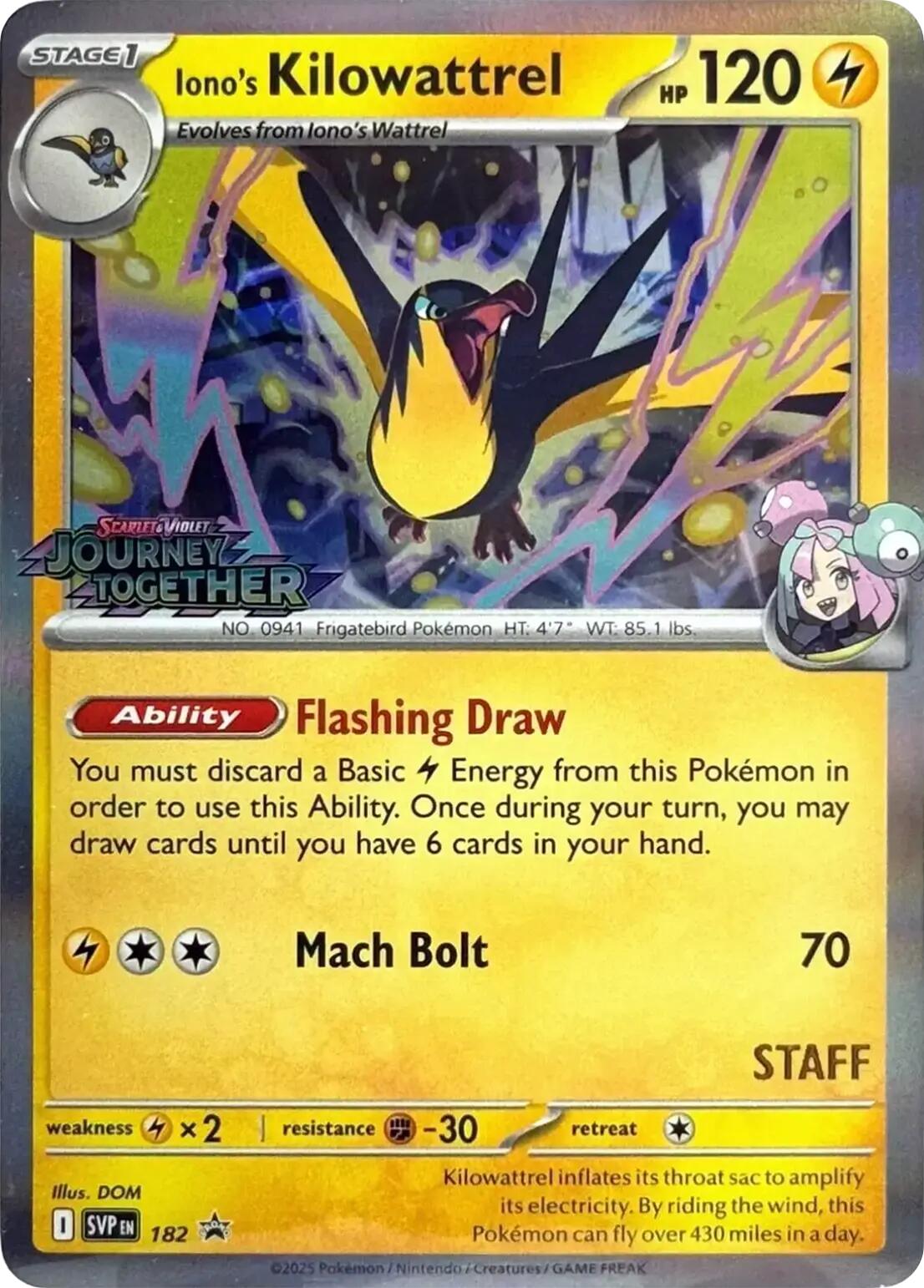 Iono's Kilowattrel (182) (Prerelease Staff) [Scarlet & Violet: Black Star Promos] | Exor Games Bridgewater