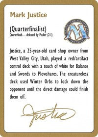 1996 Mark Justice Biography Card [World Championship Decks] | Exor Games Bridgewater