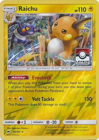 Raichu (41/147) (League Promo 2nd Place) [Sun & Moon: Burning Shadows] | Exor Games Bridgewater