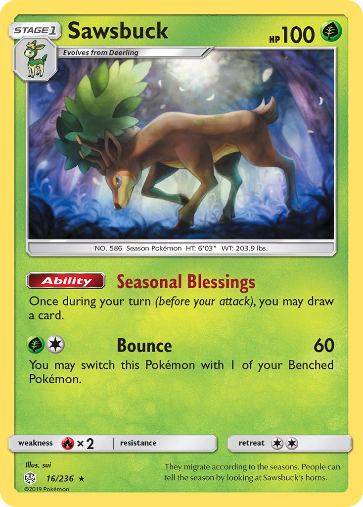 Sawsbuck (16/236) (Prerelease Kit Exclusive) (Theme Deck Exclusive) [Sun & Moon: Cosmic Eclipse] | Exor Games Bridgewater