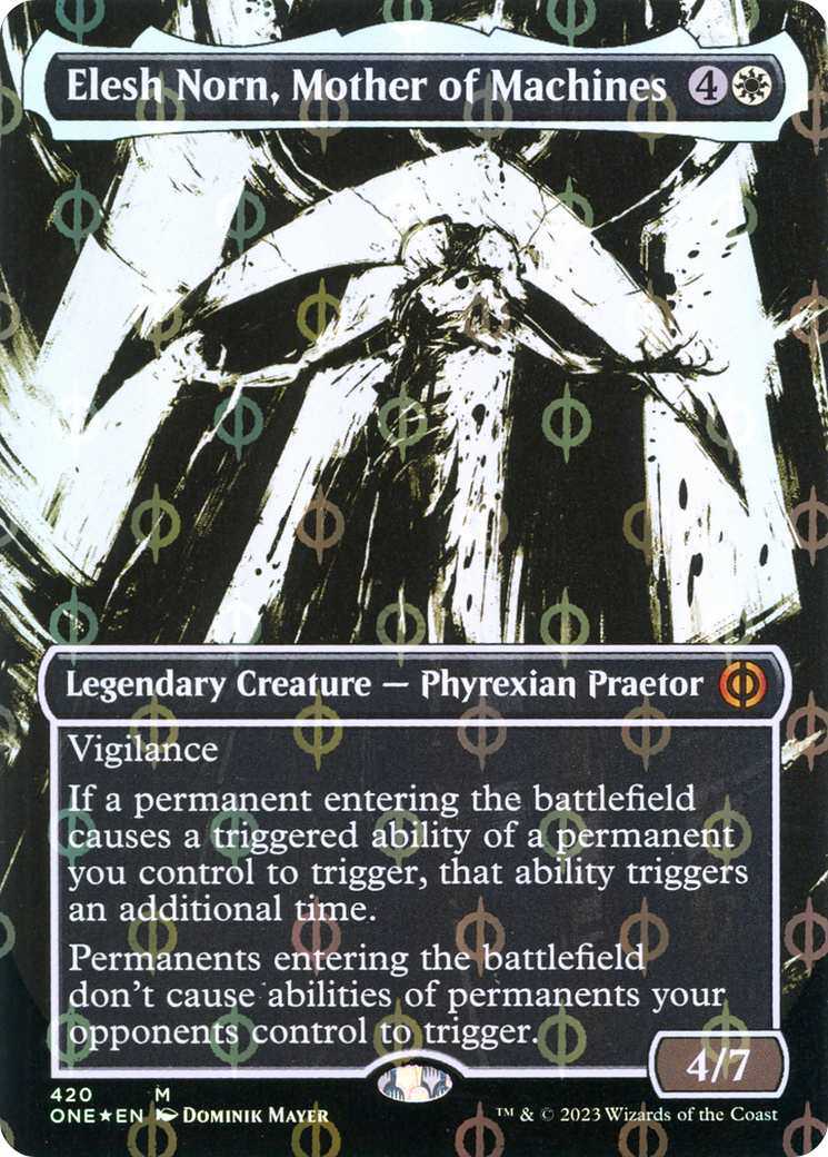 Elesh Norn, Mother of Machines (Borderless Ichor Step-and-Compleat Foil) [Phyrexia: All Will Be One] | Exor Games Bridgewater