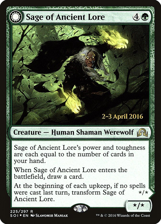 Sage of Ancient Lore // Werewolf of Ancient Hunger [Shadows over Innistrad Prerelease Promos] | Exor Games Bridgewater