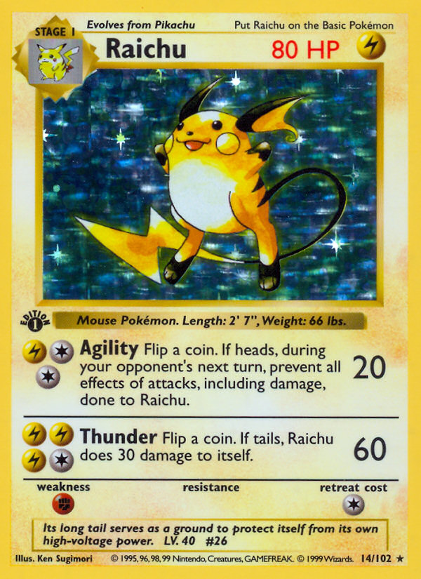 Raichu (14/102) (Shadowless) [Base Set 1st Edition] | Exor Games Bridgewater