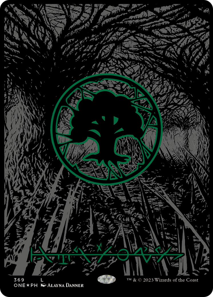 Forest (369) (Oil Slick Raised Foil) [Phyrexia: All Will Be One] | Exor Games Bridgewater