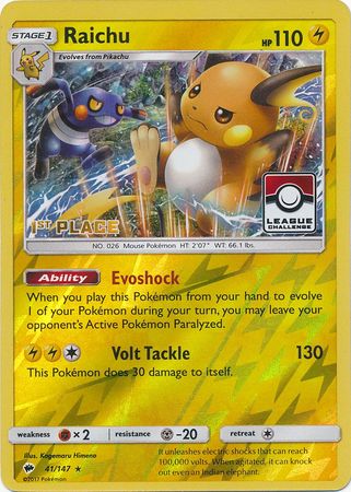 Raichu (41/147) (League Promo 1st Place) [Sun & Moon: Burning Shadows] | Exor Games Bridgewater