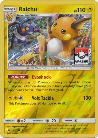 Raichu (41/147) (League Promo 4th Place) [Sun & Moon: Burning Shadows] | Exor Games Bridgewater