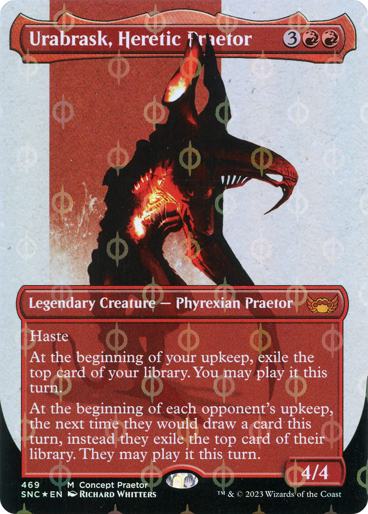 Urabrask, Heretic Praetor (Borderless Concept Praetors Step-and-Compleat Foil) [Phyrexia: All Will Be One] | Exor Games Bridgewater