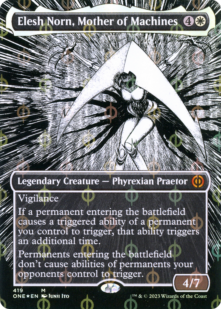 Elesh Norn, Mother of Machines (Borderless Manga Step-and-Compleat Foil) [Phyrexia: All Will Be One] | Exor Games Bridgewater